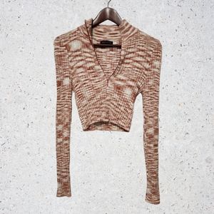 Urban Outfitters Cropped Stretch White Brown Zip Light Sweater Size Medium